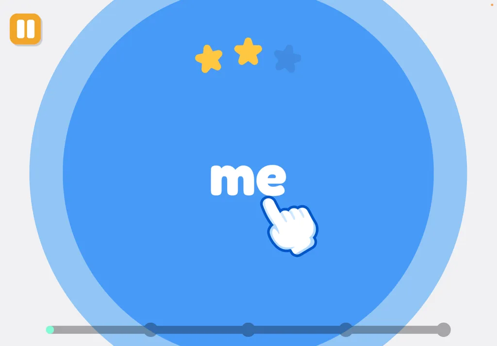 A Readeroo learning task showing the word "me" and a hand inviting the child to tap
