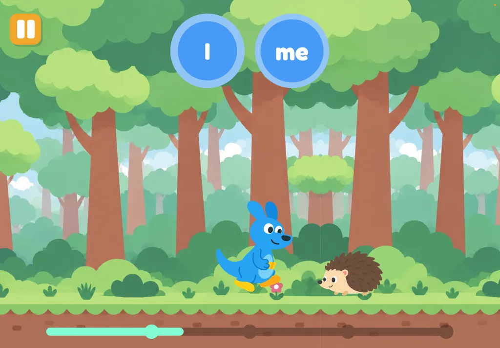 A Readeroo forest game with the mascot, a hedgehog and the word choices "I" and "me"
