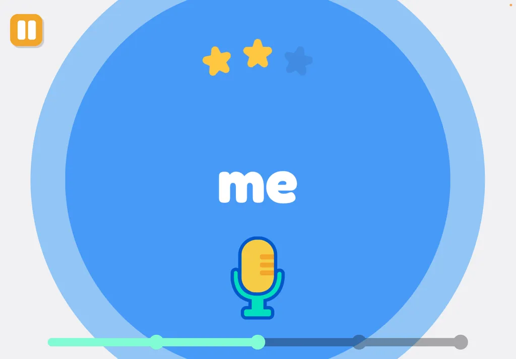 A Readeroo speaking task showing the word "me" above a microphone
