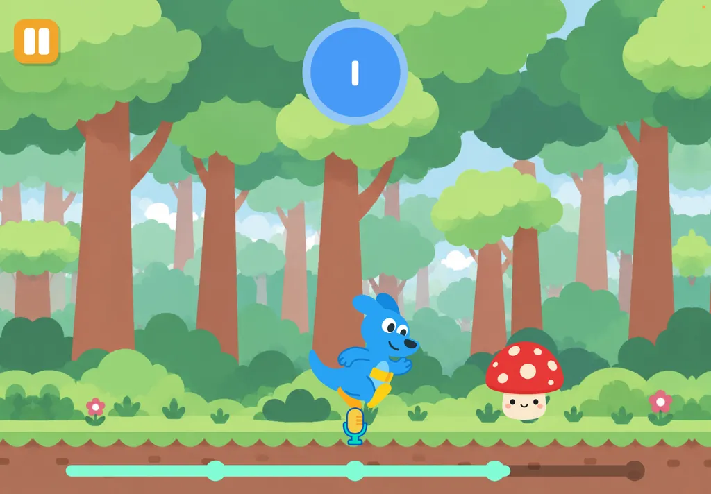 The Readeroo forest speaking game, with the mascot about to leap a mushroom